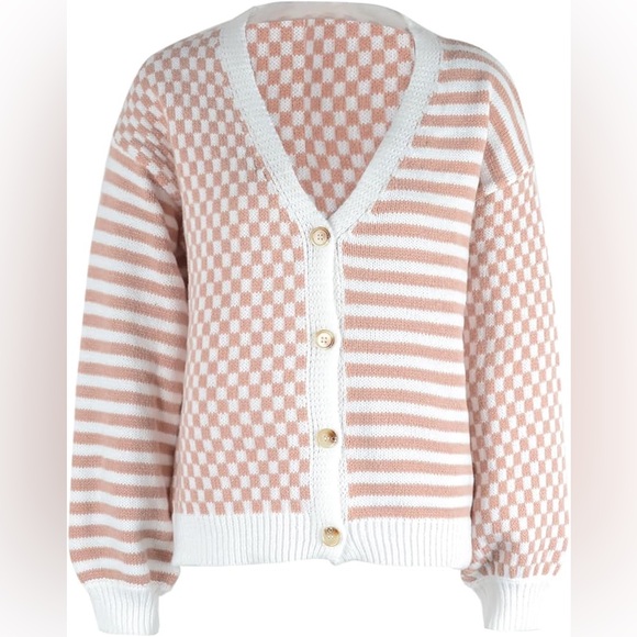 Striped and Checkered Pink and White Women's Sweater - Picture 3 of 3